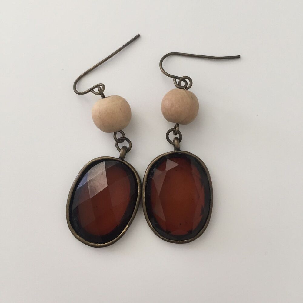 Vintage Handmade Faux Amber Gemstone w/ Wood Beads Dangle Earrings Bronze Tone